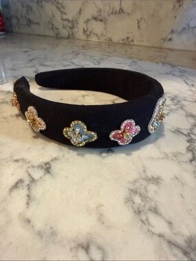 Mignonne Gavigan Black Velvet Headband with Multicolor Beaded Floral Accents